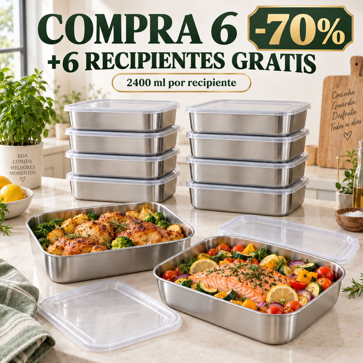 70% OFF + 6 GRÁTIS | Recipientes de aço inoxidável 304, 2400 ml