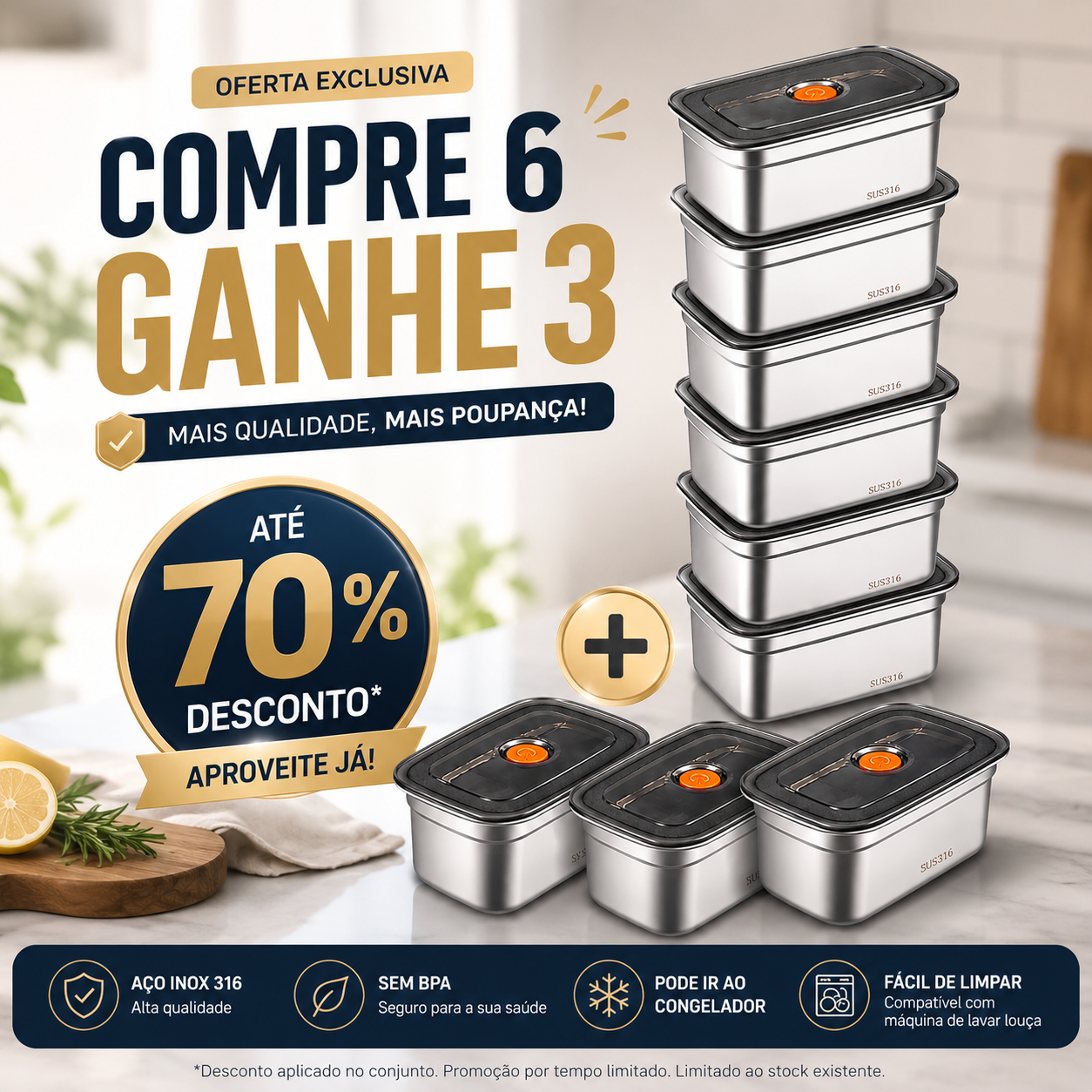 🥗 (6 + 🎁3 GRÁTIS) Caixa para alimentos em aço inoxidável 316