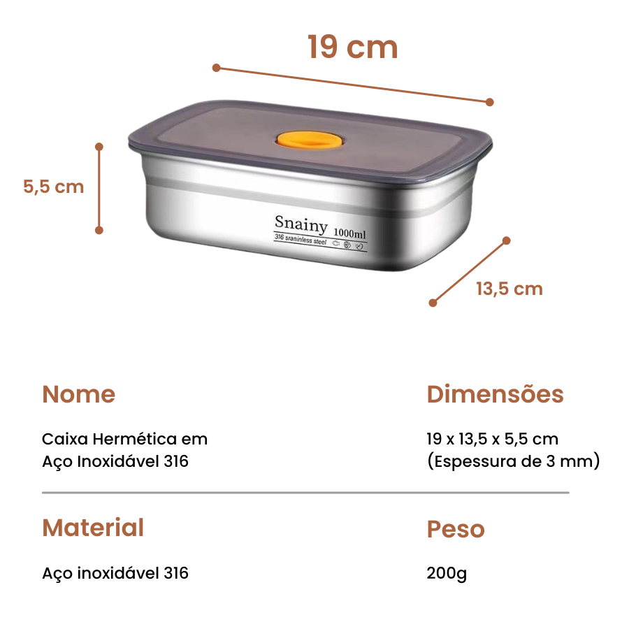 🇵🇹 Recipiente em aço inox AISI 316 com tampa a vácuo (19 x 13,5 x 5,5 cm)