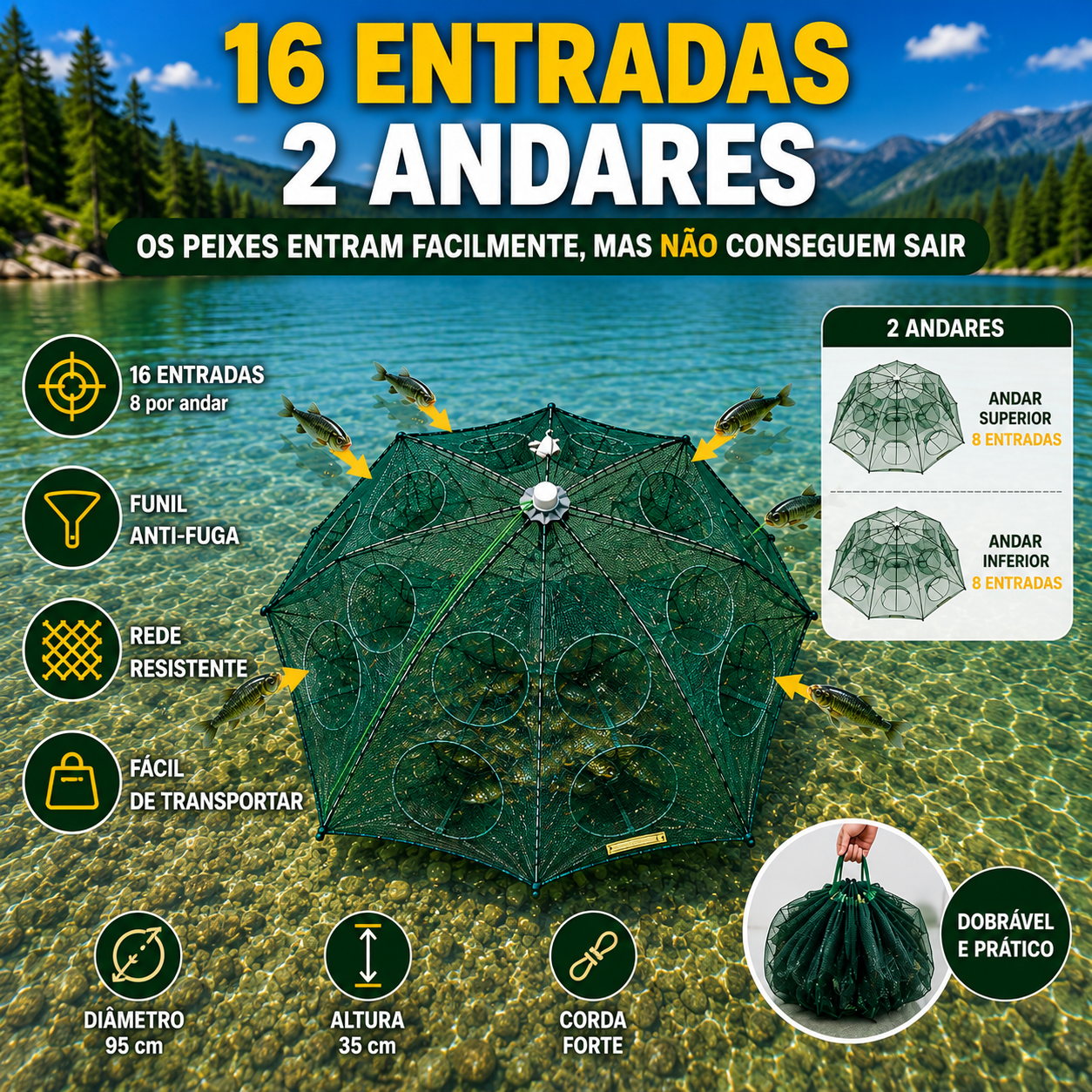Rede armadilha de pesca dobrável 96 cm | Múltiplas entradas | Água doce
