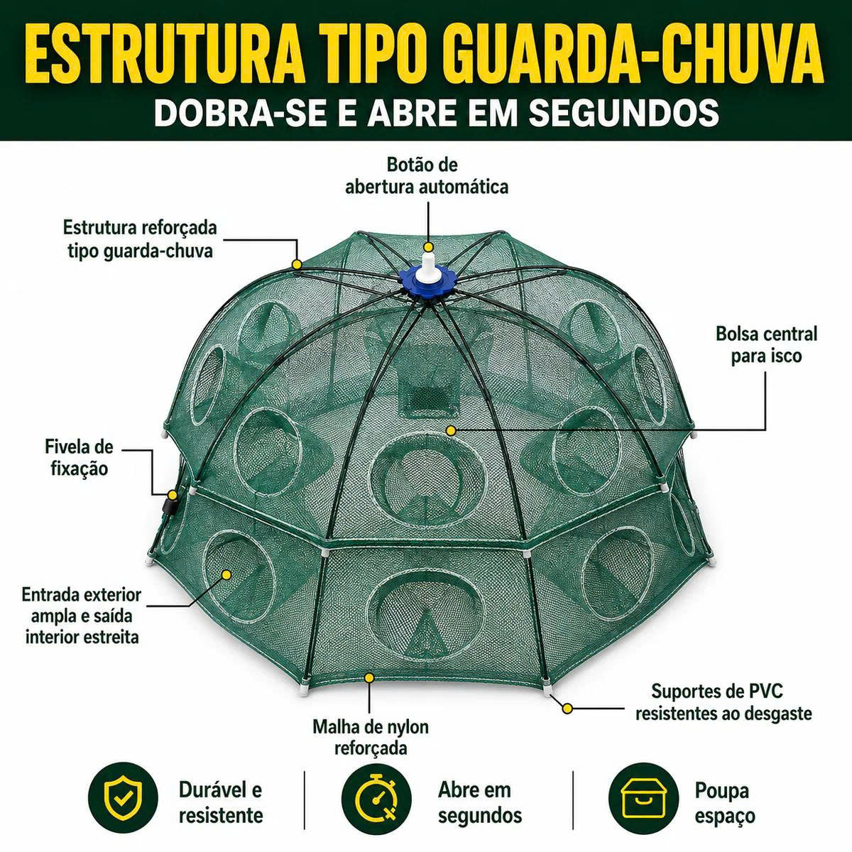 🐟 Rede de Pesca Dobrável 96 cm | Apanha Peixes Enquanto Dorme