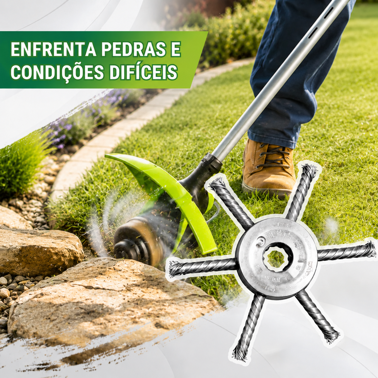🇵🇹 A cabeça do cortador de relva possui 6 lâminas em aço inoxidável