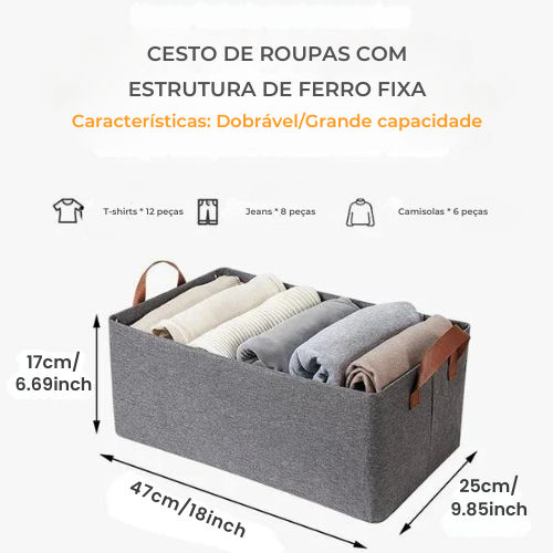 Conjunto de 2 caixas de arrumação de roupa com estrutura fixa em ferro (47 cm x 25 cm x 17 cm)