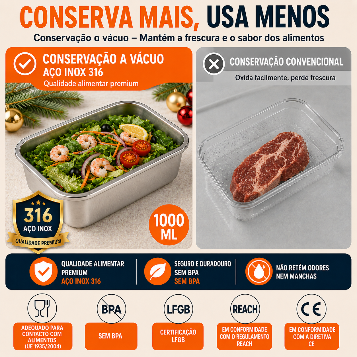 Caixa De Comida A Vácuo De Aço Inoxidável Antibacteriano 316 (19*13,5*5,5cm)