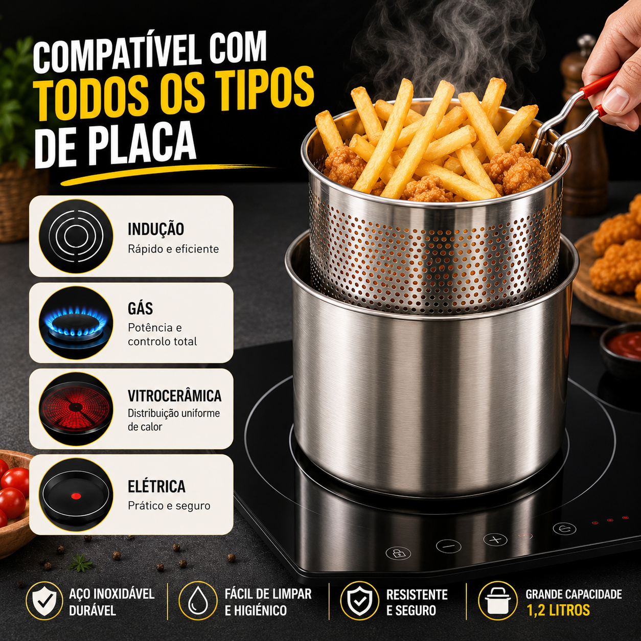 Fritadeira em aço inoxidável 1,2L — anti-salpicos, aquecimento rápido