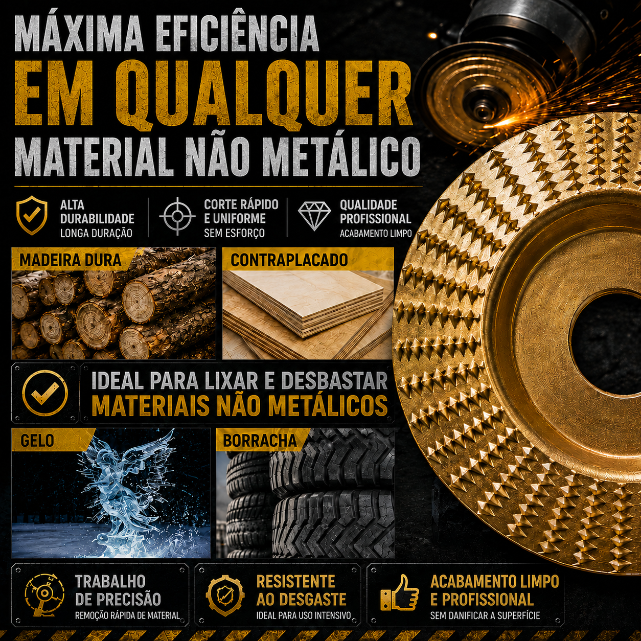 Conjunto 3 Discos de Escultura em Madeira para Rebarbadora – Aço Carbono | Plano, Curvo, Chanfrado