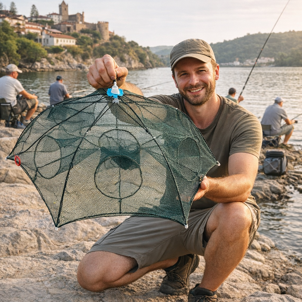 🇵🇹 Jaula armadilha de pesca tipo guarda-chuva de grande tamanho com múltiplas entradas