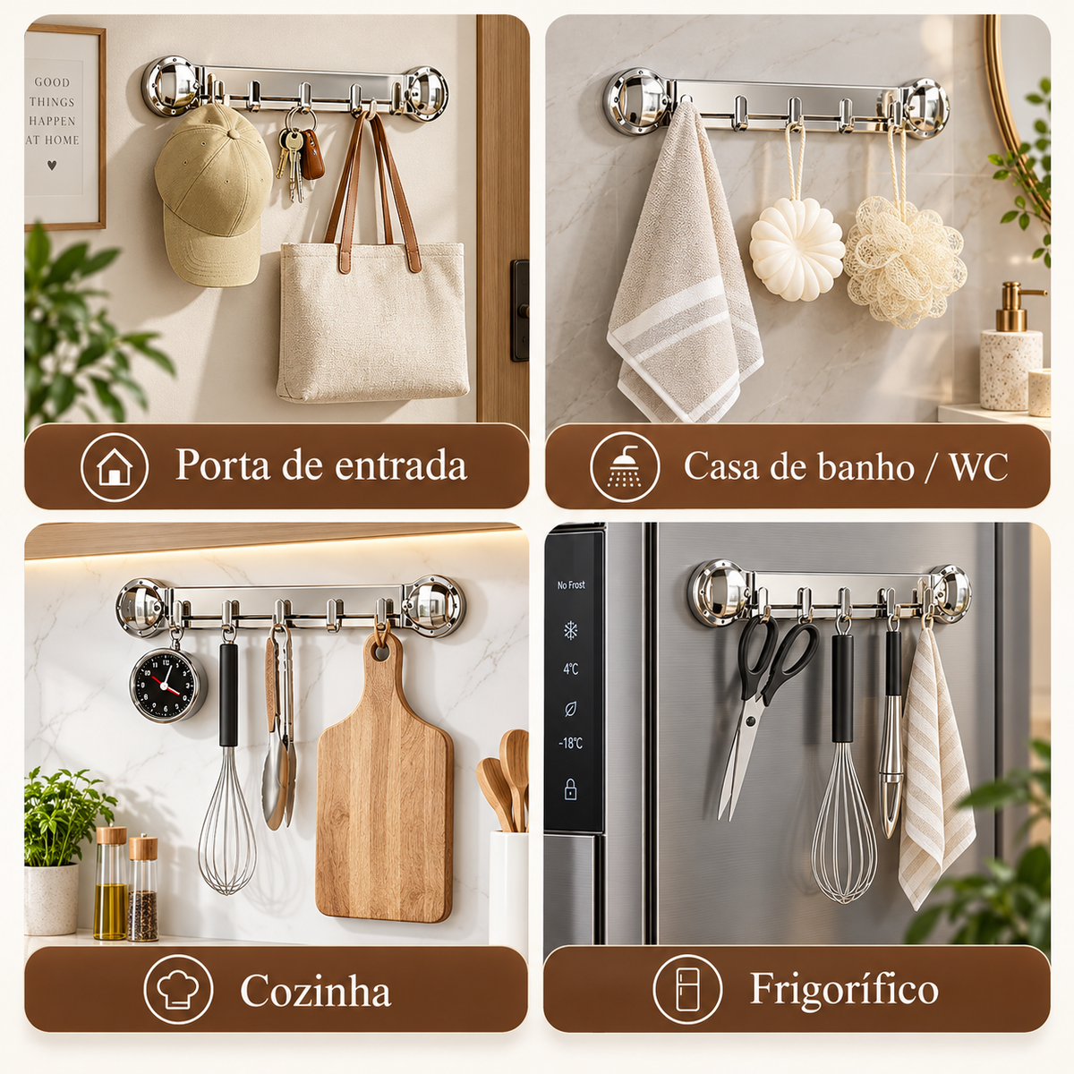 [🎁 70% DE DESCONTO] Suportes de aço inoxidável com 5 ganchos, práticos e capazes de suportar até 20 kg.