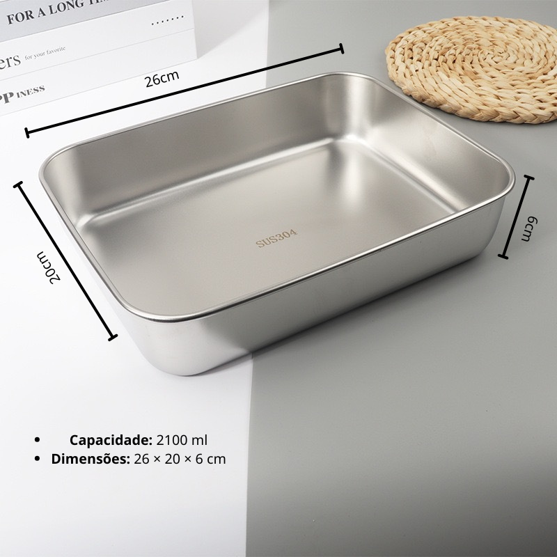 🔥 DESCONTO DE 70% | Recipiente de Aço Inoxidável 304 - 2100ml (26 × 20 × 6 cm)