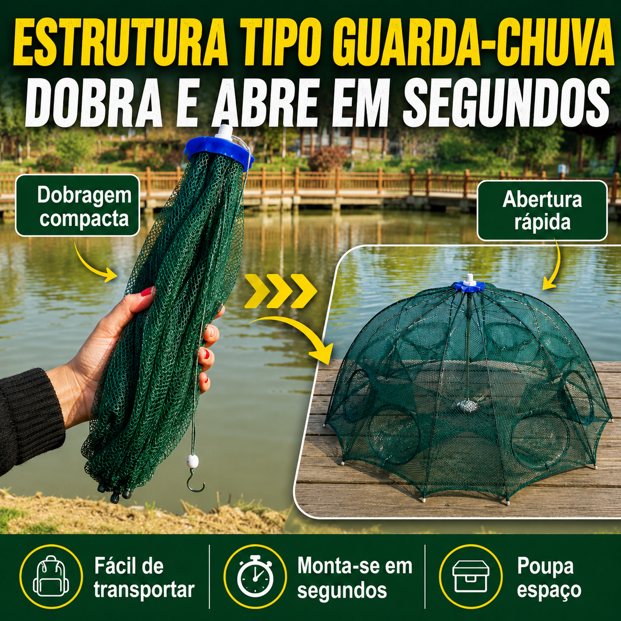 Rede armadilha de pesca dobrável 96 cm | Múltiplas entradas | Água doce