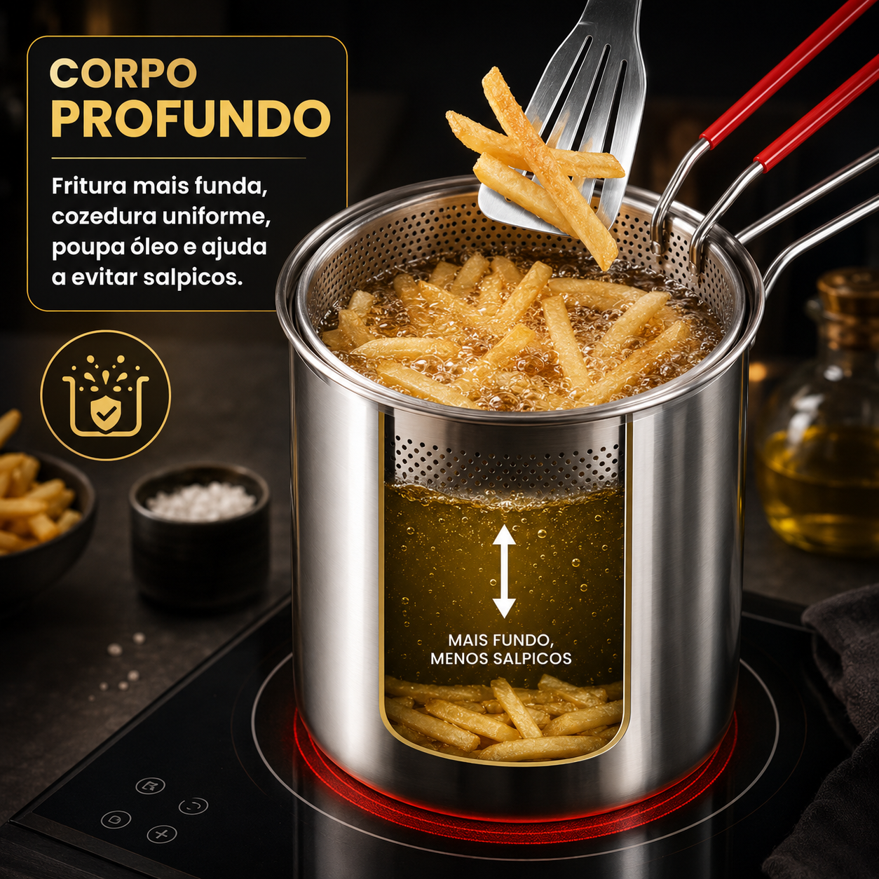 Fritadeira em aço inoxidável 1,2L — anti-salpicos, aquecimento rápido