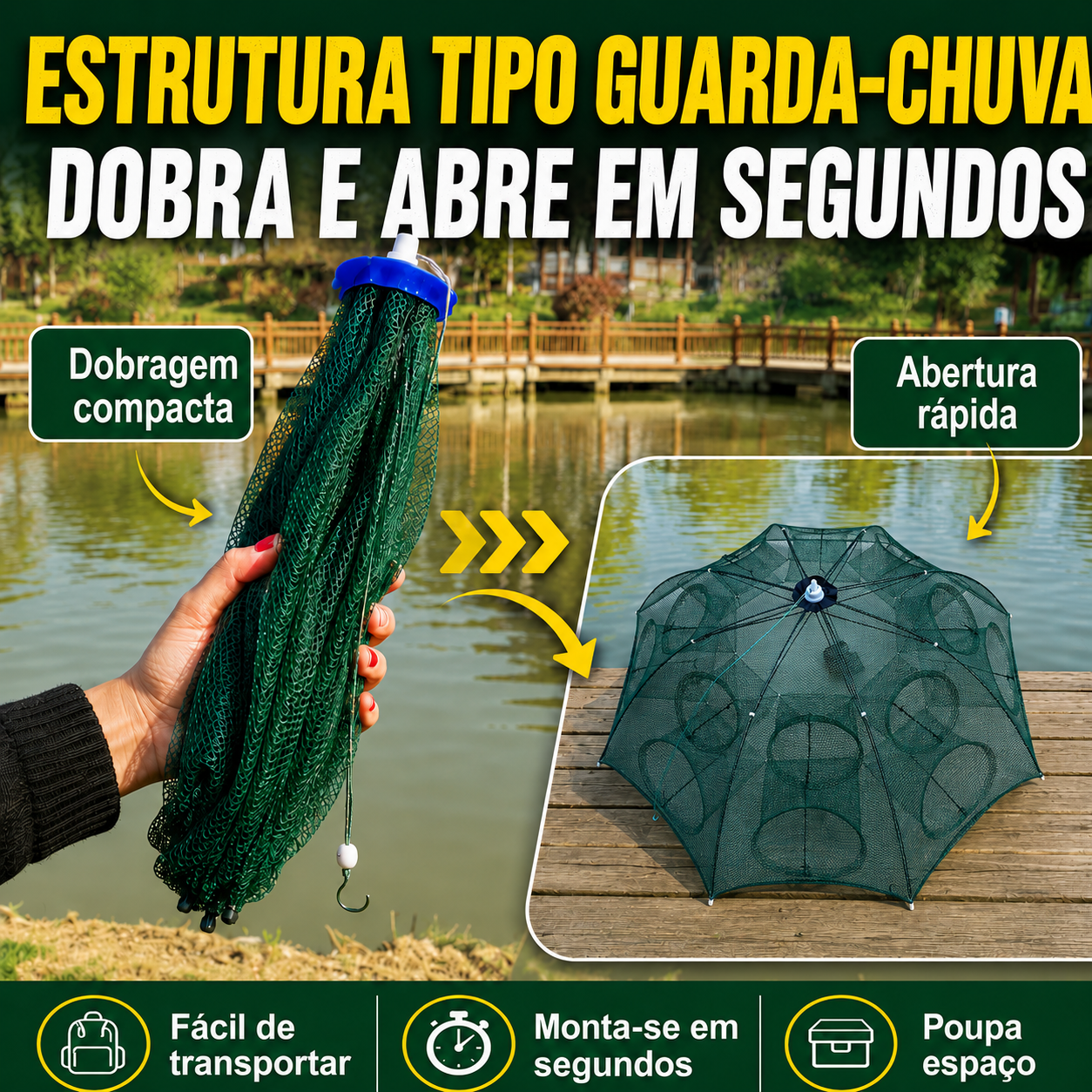🐠 Rede Armadilha De Pesca Dobrável 96 Cm | 16 Entradas Multifuncionais