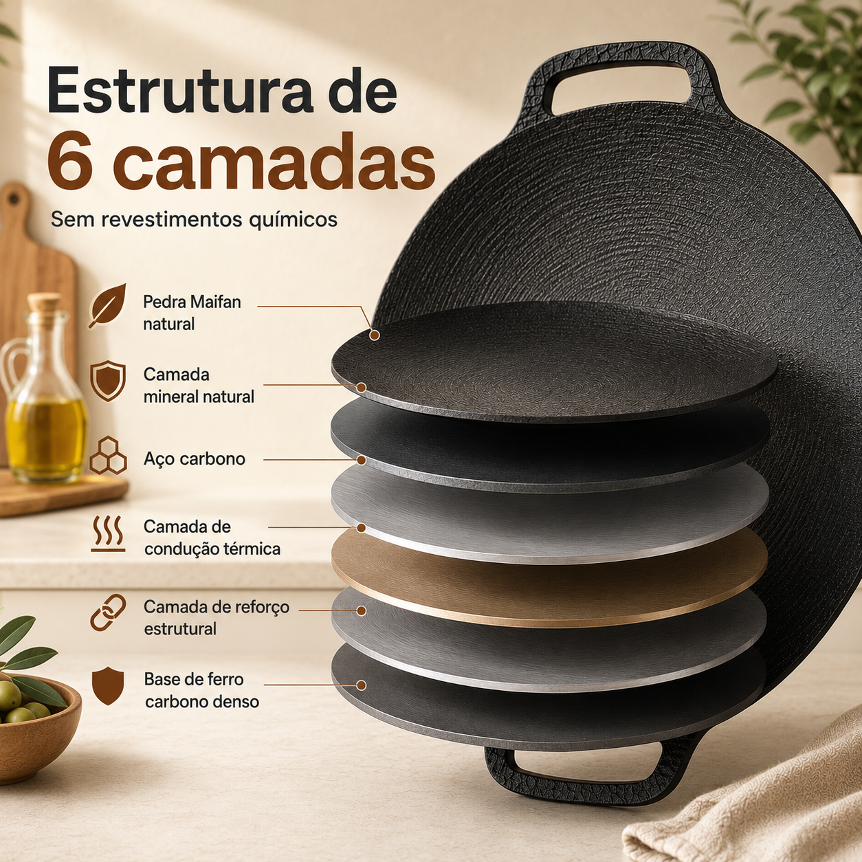 Frigideira Antiaderente Natural | Pedra Maifan (30 x 26 cm)