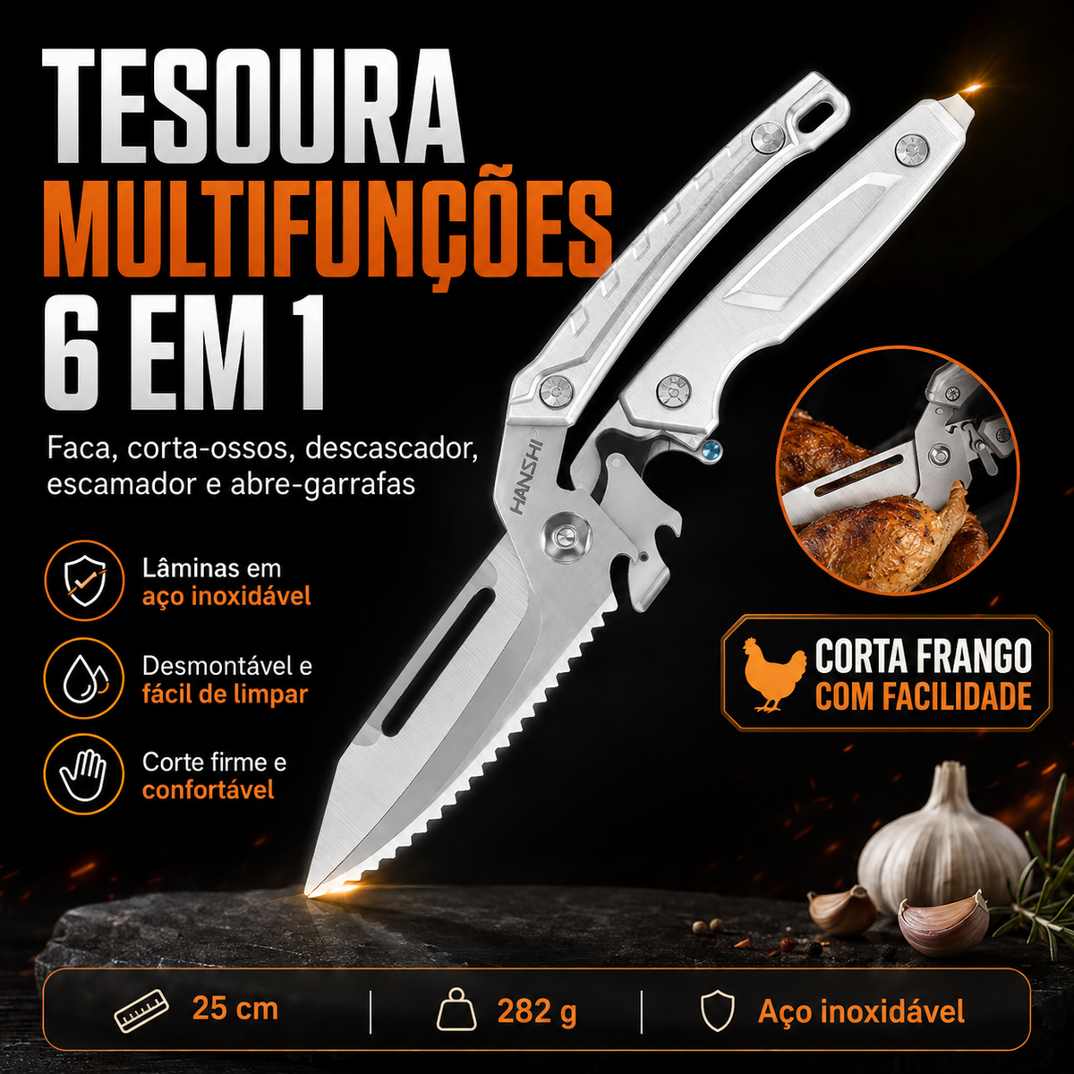 ⚡Tesoura Multifunções 6 em 1 – Faca Desmontável, Corta Ossos, Descascador, Escamador e Abre-Garrafas