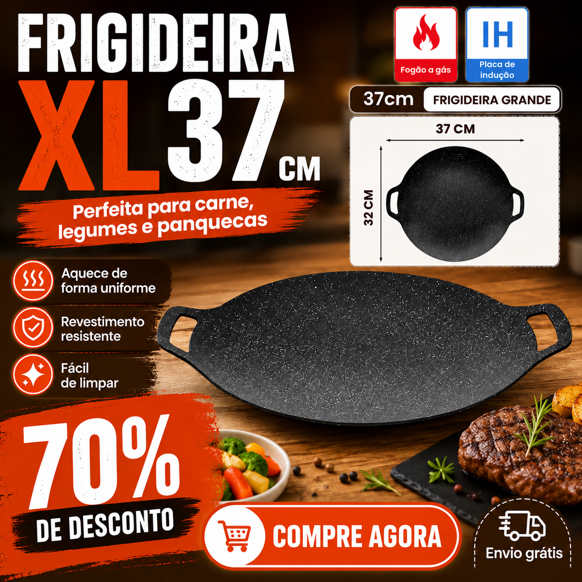 Frigideira Premium em Pedra Maifan com 6 Camadas Antiaderentes (Frigideira Grande)