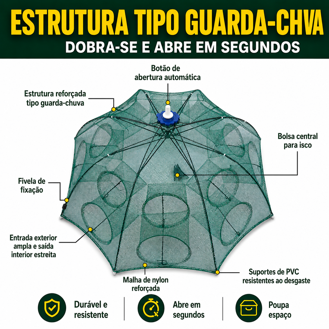 🐠 Rede Armadilha De Pesca Dobrável 96 Cm | 16 Entradas Multifuncionais