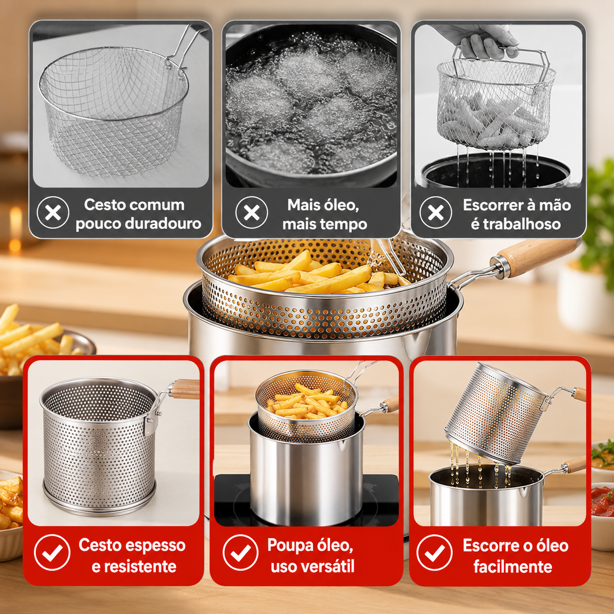 Fritadeira em aço inoxidável 1,2L — anti-salpicos, aquecimento rápido