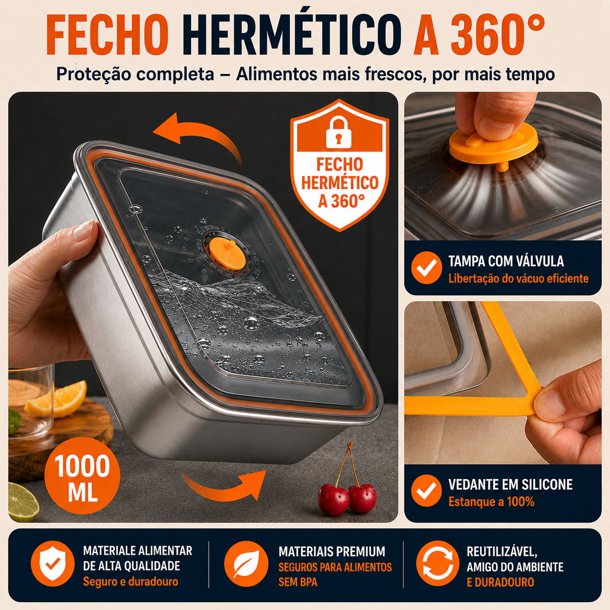 Caixa De Comida A Vácuo De Aço Inoxidável Antibacteriano 316 (19*13,5*5,5cm)