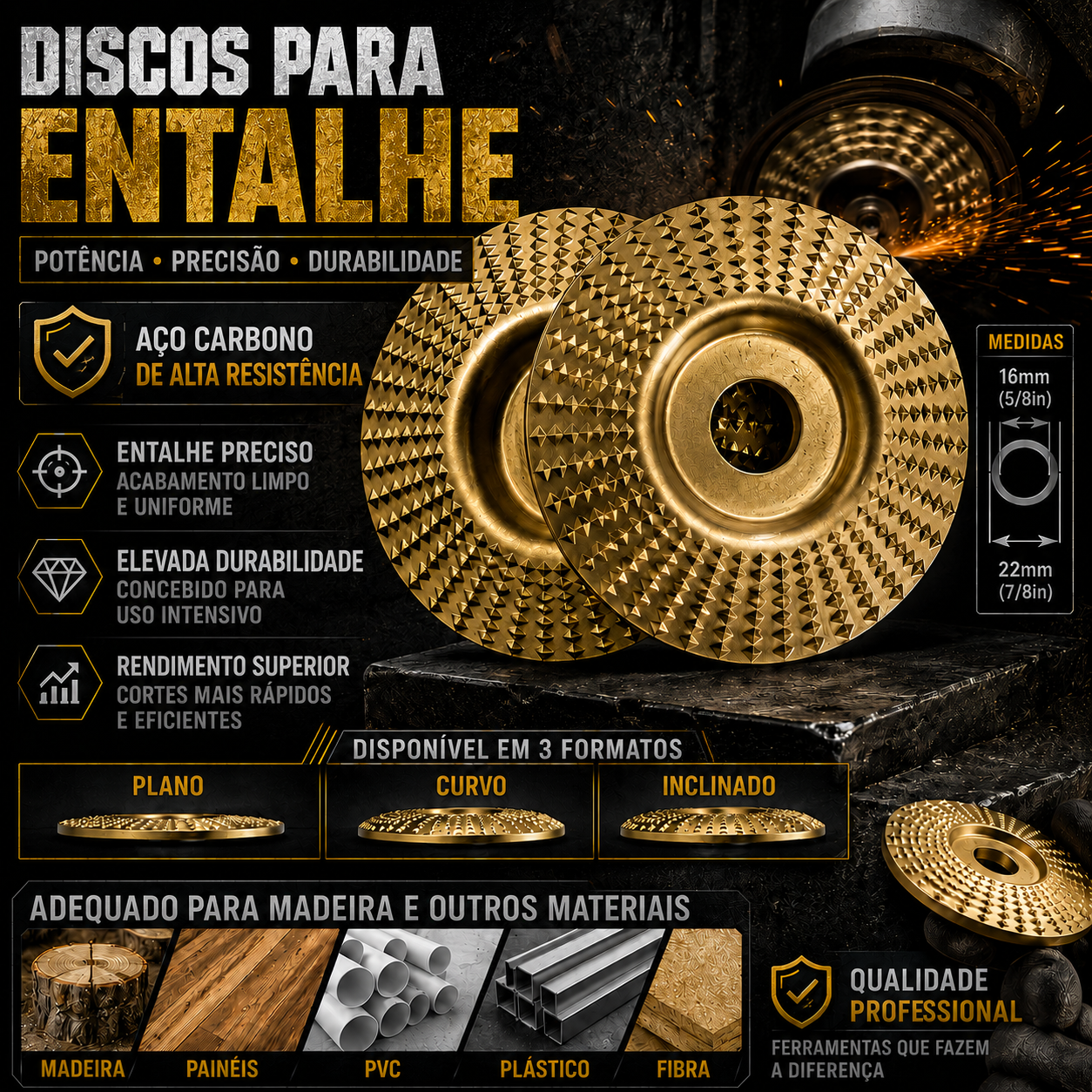 Conjunto 3 Discos de Escultura em Madeira para Rebarbadora – Aço Carbono | Plano, Curvo, Chanfrado