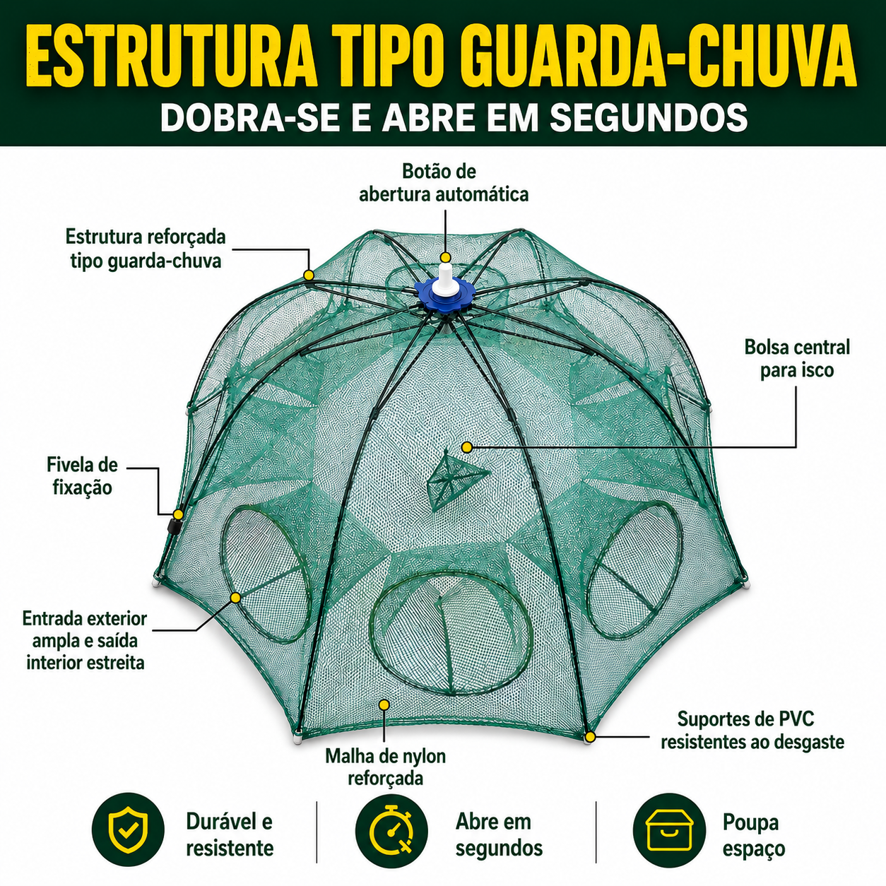 ⚡ Rede armadilha de pesca dobrável 96 cm | Múltiplas entradas | Água doce