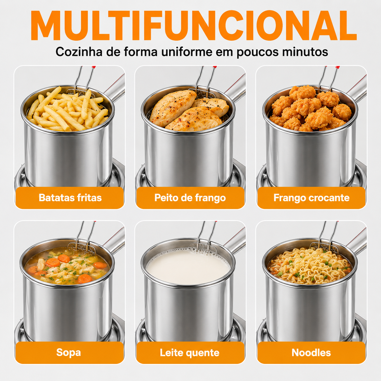 Fritadeira em aço inoxidável 1,2L — anti-salpicos, aquecimento rápido