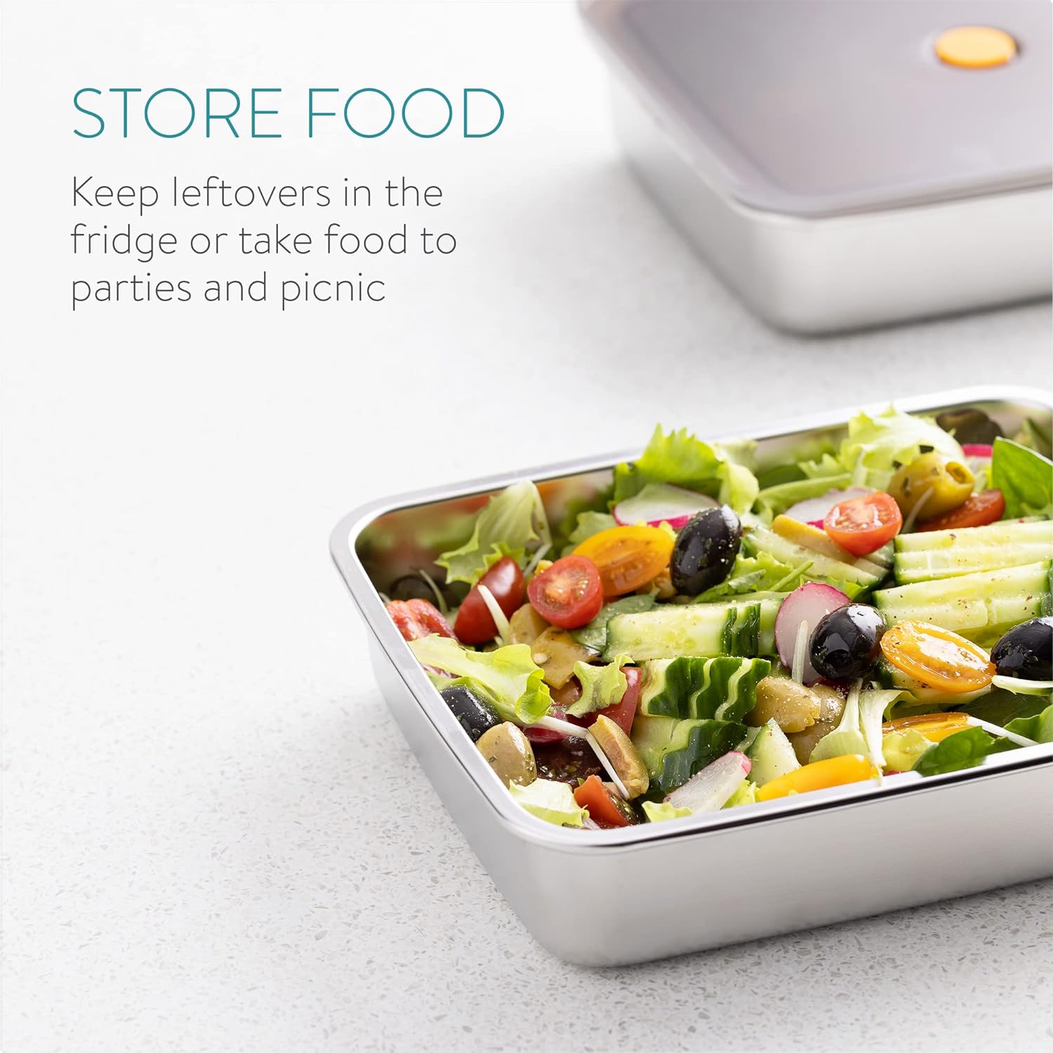 Recipiente para alimentos em aço inoxidável 304 com tampa a vácuo (22,5 x 15 x 6 cm)