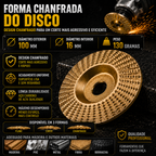 Conjunto 3 Discos de Escultura em Madeira para Rebarbadora – Aço Carbono | Plano, Curvo, Chanfrado