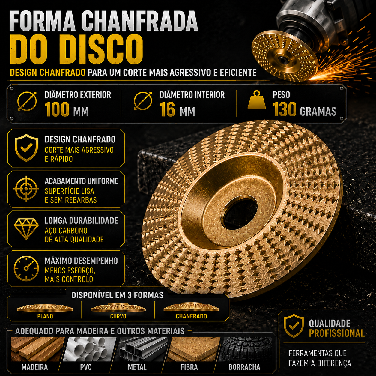 Conjunto 3 Discos de Escultura em Madeira para Rebarbadora – Aço Carbono | Plano, Curvo, Chanfrado