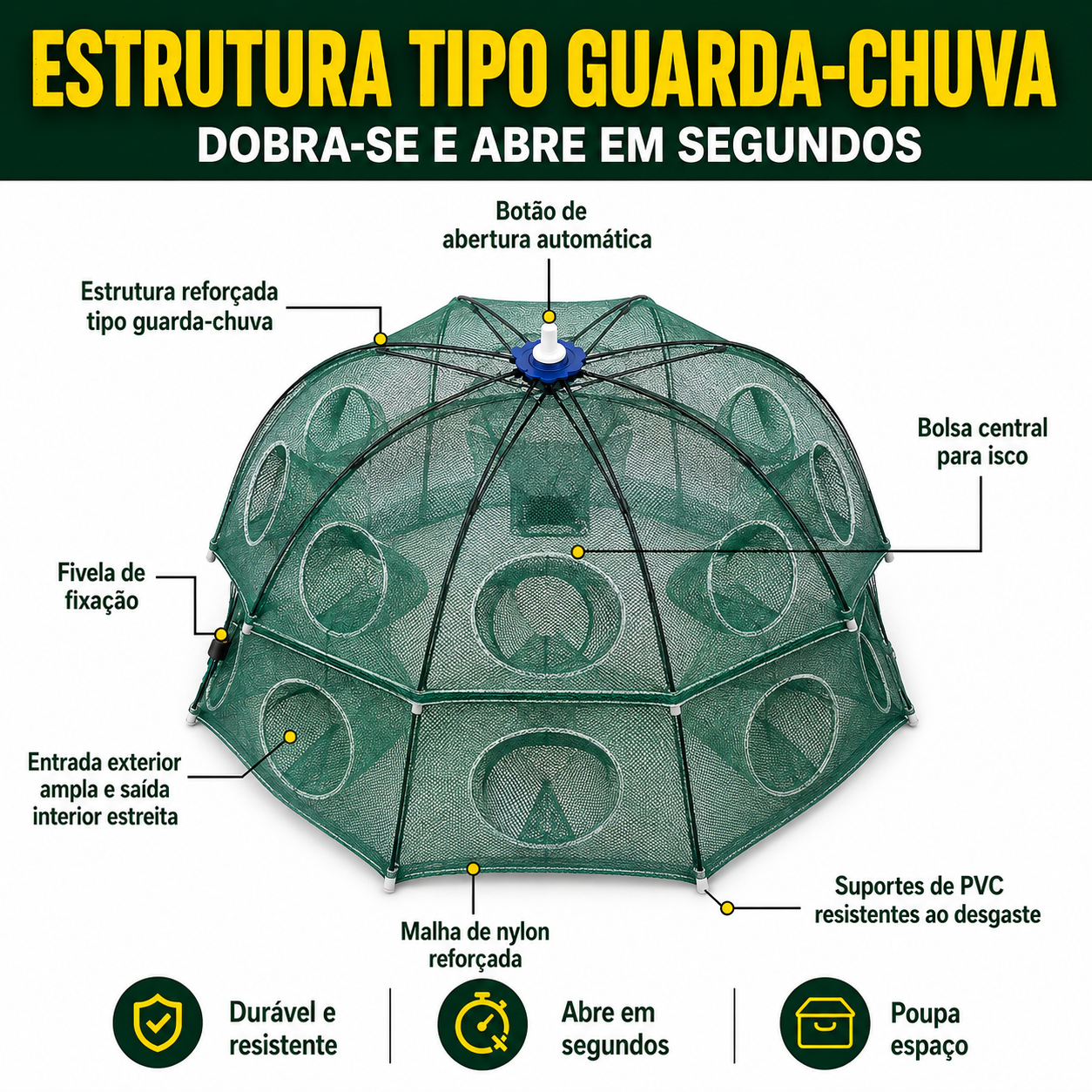 Rede armadilha de pesca dobrável 96 cm | Múltiplas entradas | Água doce