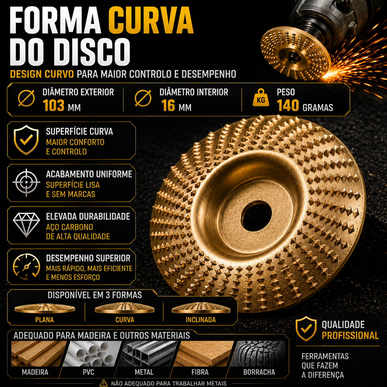 Conjunto 3 Discos de Escultura em Madeira para Rebarbadora – Aço Carbono | Plano, Curvo, Chanfrado