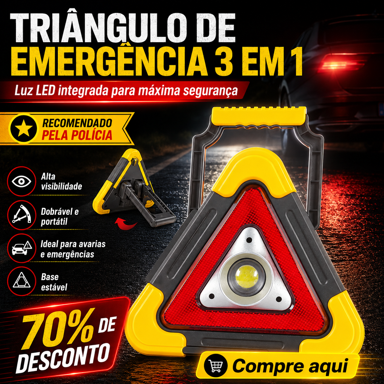 ⚡(SUPER OFERTA) Triângulo De Emergência Para Automóvel Com Luz LED Integrada