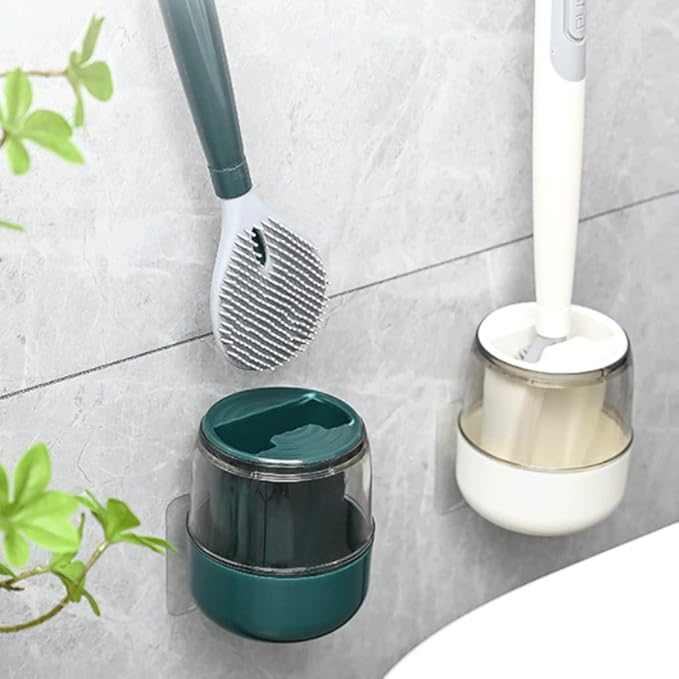 💦 Escova de vaso sanitário de silicone flexível com alça longa e suspensão de parede sem perfurações para casa
