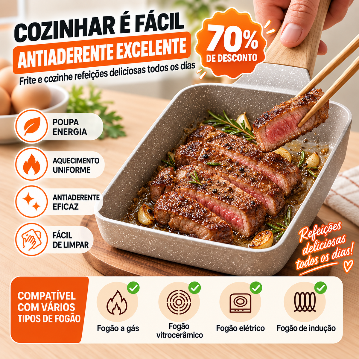 🍳 Frigideira de Pedra Multifunções | Antiaderente e compatível com todos os fogões: gás, elétrico, indução, entre outros...