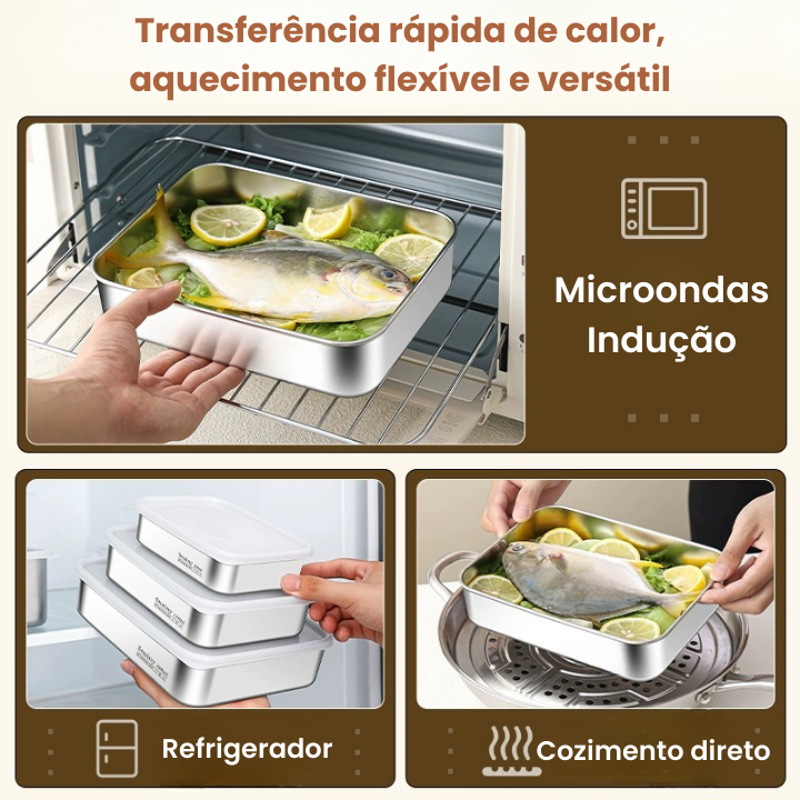 Conjunto de 3 recipientes para alimentos em aço inoxidável (22 x 15 x 6 cm)