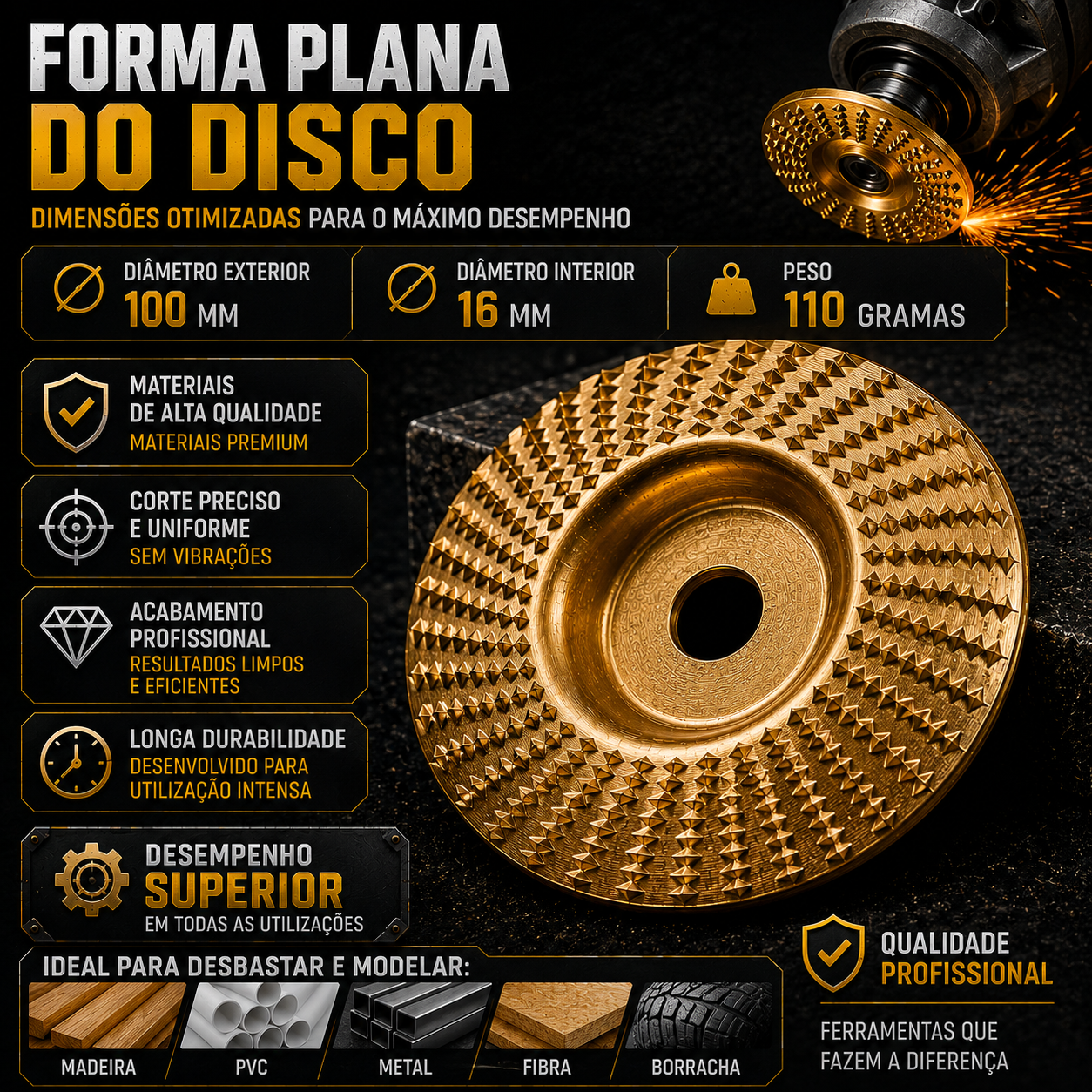 Conjunto 3 Discos de Escultura em Madeira para Rebarbadora – Aço Carbono | Plano, Curvo, Chanfrado