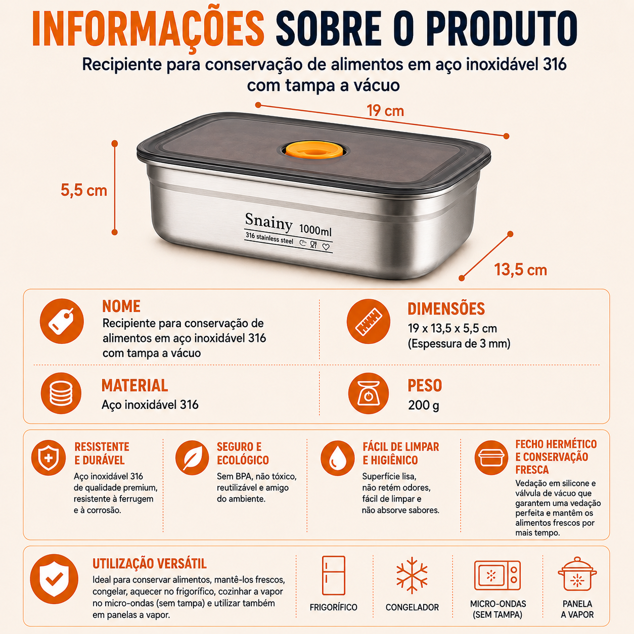 Caixa De Comida A Vácuo De Aço Inoxidável Antibacteriano 316 (19*13,5*5,5cm)