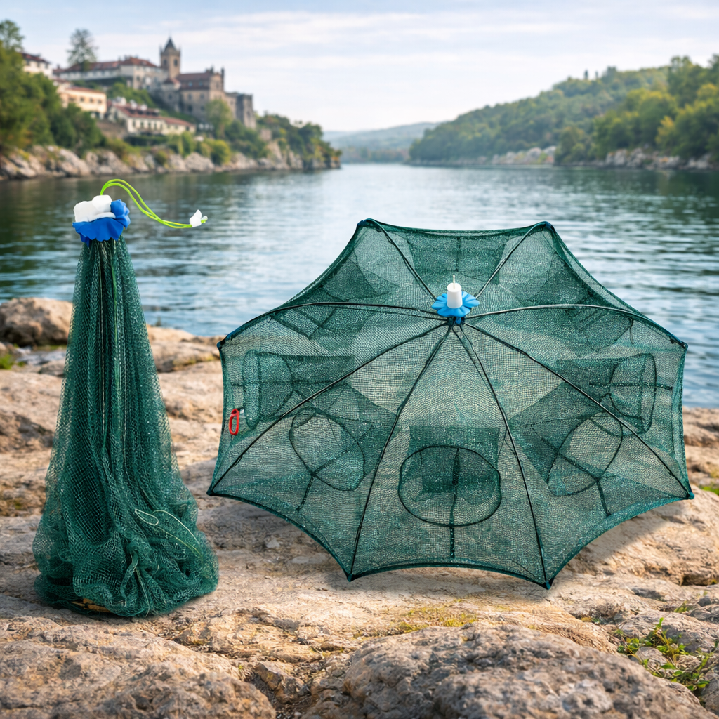 🇵🇹 Jaula armadilha de pesca tipo guarda-chuva de grande tamanho com múltiplas entradas