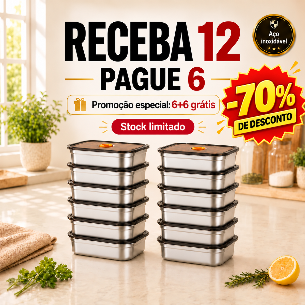 70% OFF + 6 GRÁTIS | Conjunto de recipientes em aço inoxidável 316 com fecho hermético a vácuo