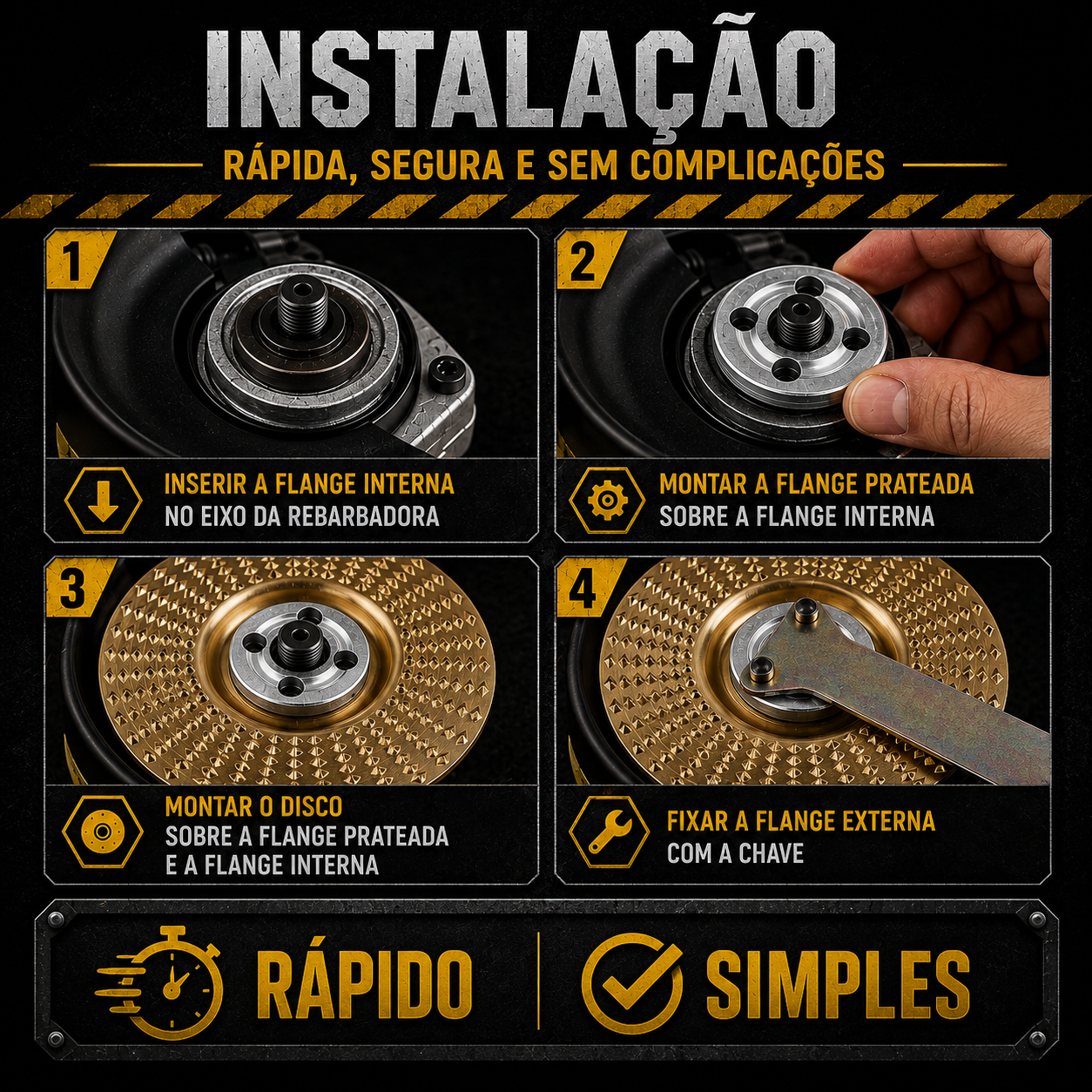 Conjunto 3 Discos de Escultura em Madeira para Rebarbadora – Aço Carbono | Plano, Curvo, Chanfrado
