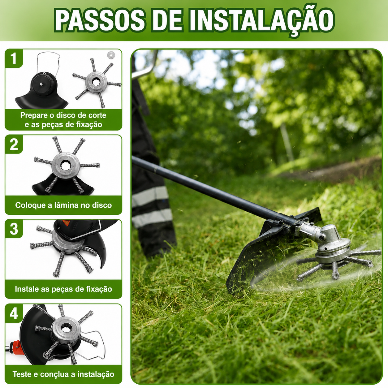 🇵🇹 A cabeça do cortador de relva possui 6 lâminas em aço inoxidável