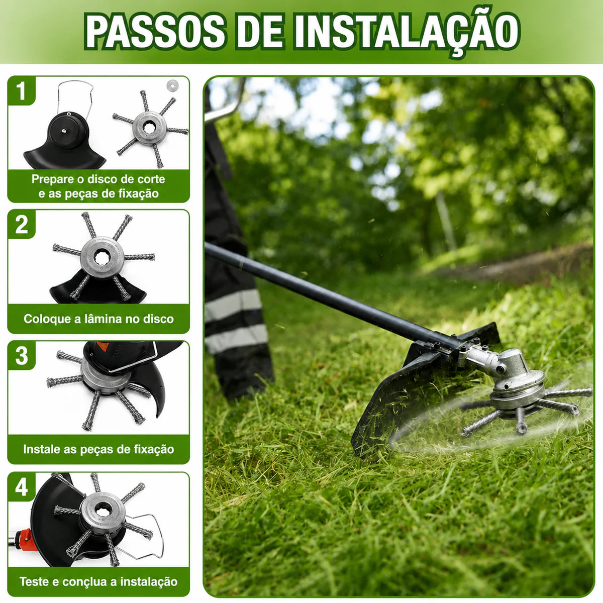 ⚙️ A cabeça do cortador de relva possui 6 lâminas em aço inoxidável