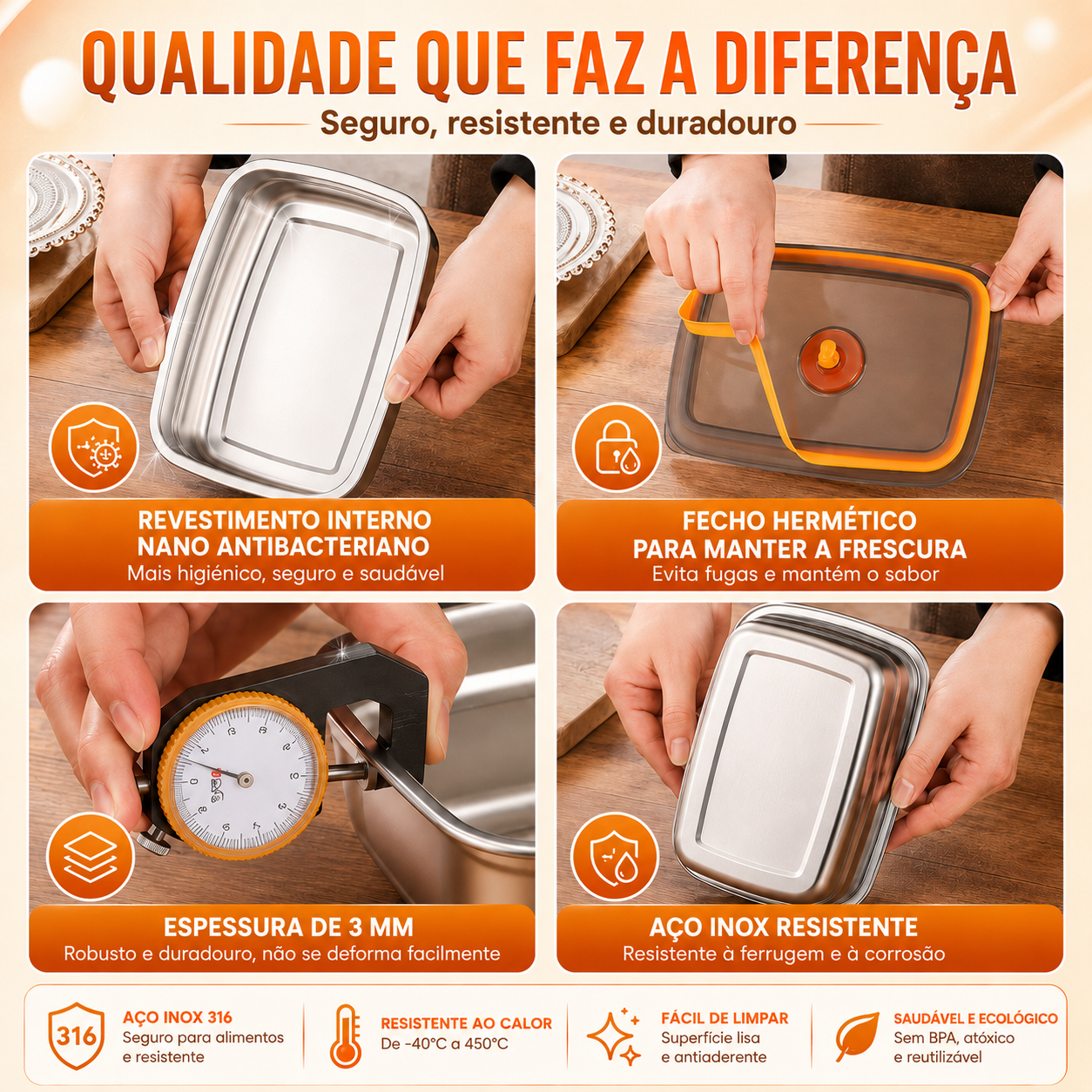 [6+🎁3 grátis] Caixa de comida a vácuo de aço inoxidável antibacteriano 316 (19*13,5*5,5cm)