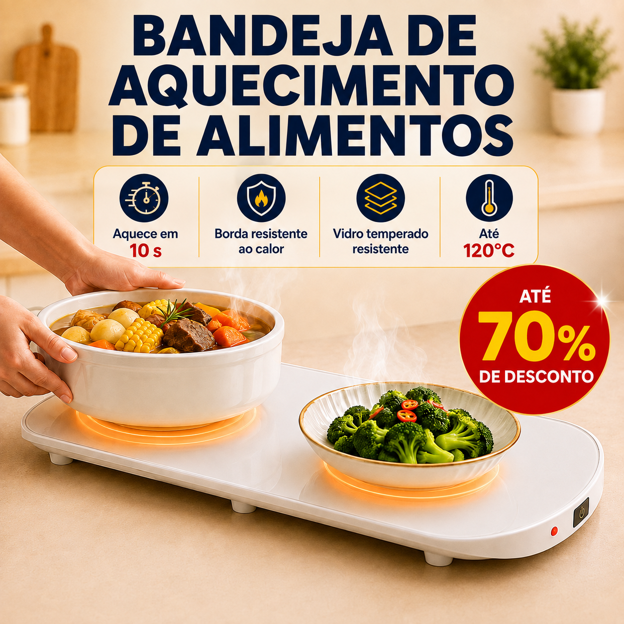 Aquecedor de Alimentos Premium 3 em 1 – Aquece, Descongela e Mantém os Sabores Sempre Quentes