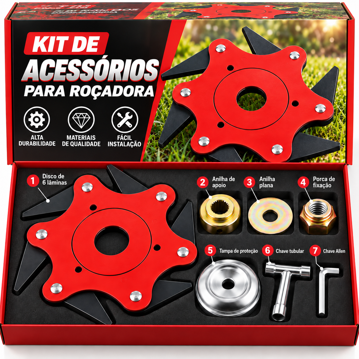 [🎁 7 ACESSÓRIOS INCLUÍDOS] Cabeça de corte de 6 lâminas em aço manganês