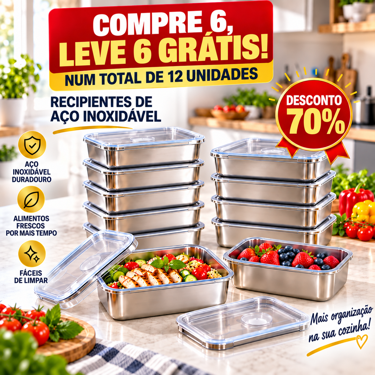 🎁 70% DE DESCONTO | Caixa Hermética em Aço Inoxidável 304 - TAMANHO GRANDE 2400 ML