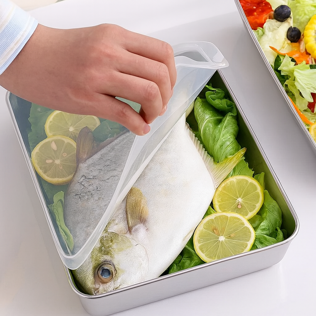 ⚡ Bandeja de Aço Inoxidável 304 com Tampa Hermética (2,1 L – 26 × 20 × 6 cm)