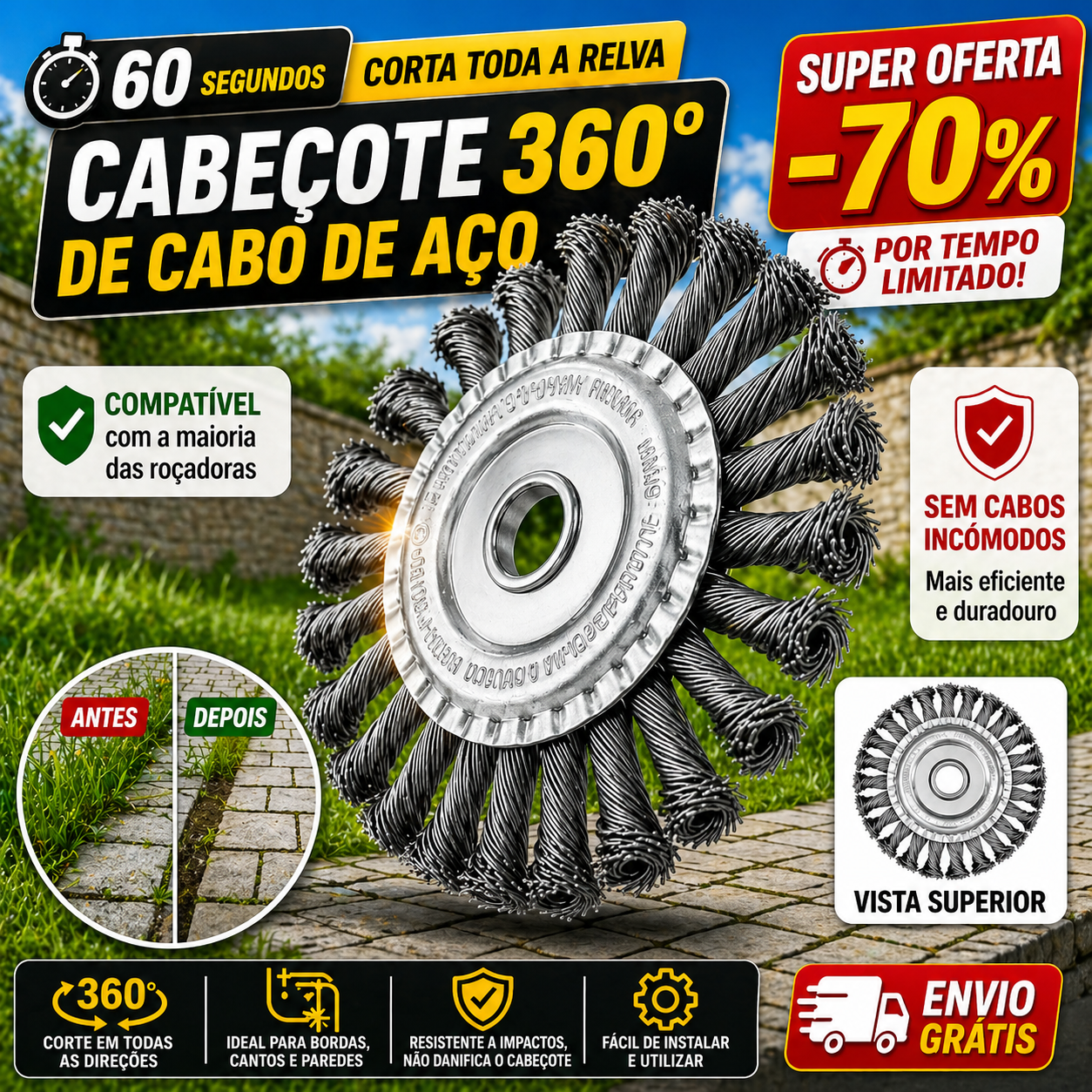⚙️ Acessórios de instalação gratuita | Lâmina de corta-relva em aço super resistente com rotação de 360°