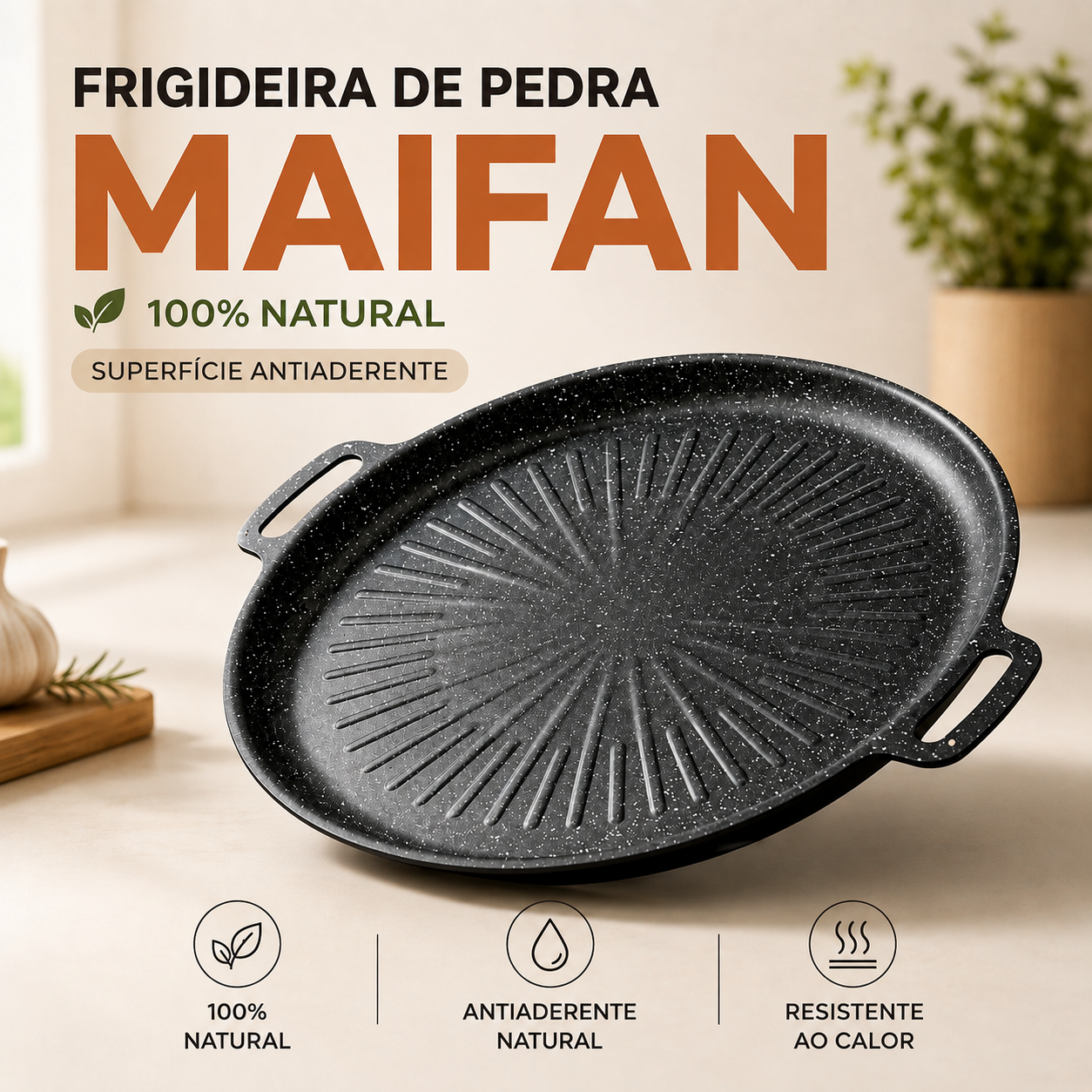 🍳 Frigideira de pedra Maifan 100% natural com superfície antiaderente