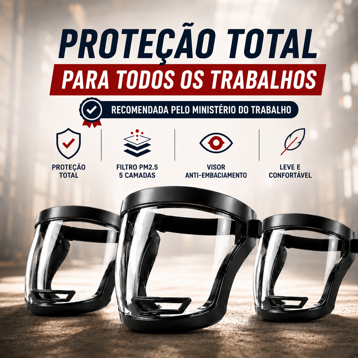 🛡️ A viseira protege o rosto, os olhos e as vias respiratórias durante o trabalho