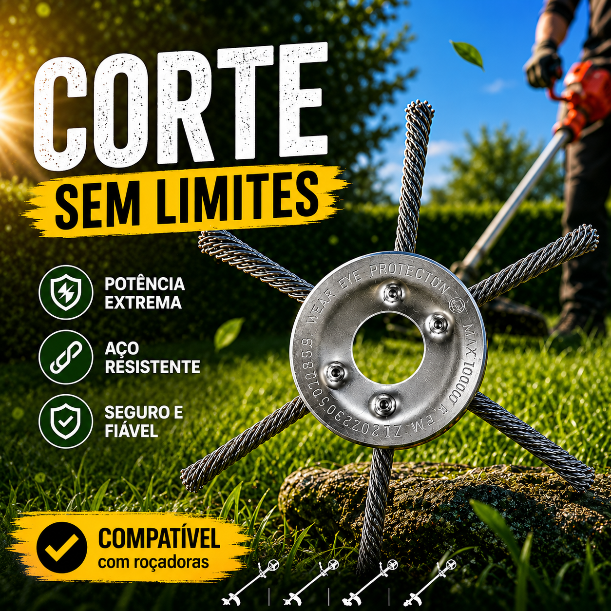 ⚙️ A cabeça do cortador de relva possui 6 lâminas em aço inoxidável
